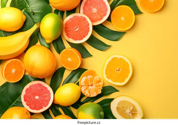 Fresh Tropical Fruits On Yellow Background