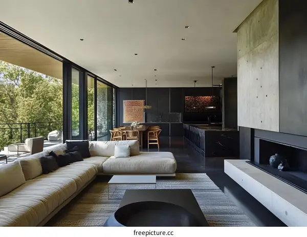 Modern Minimalist Living Room Interior Design With Grey Concrete Fireplace