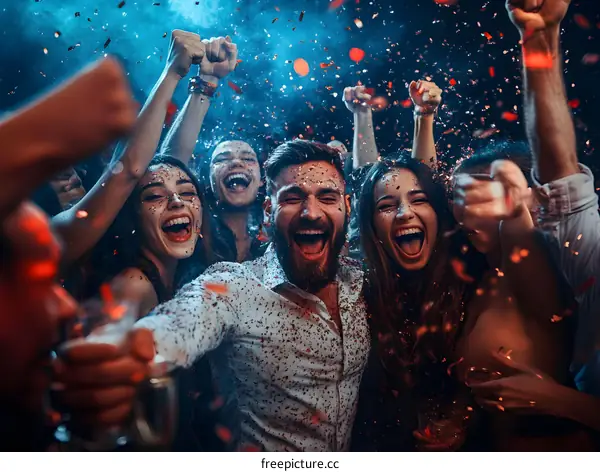 Happy Friends Celebrate with Confetti and Drinks at a Nightclub