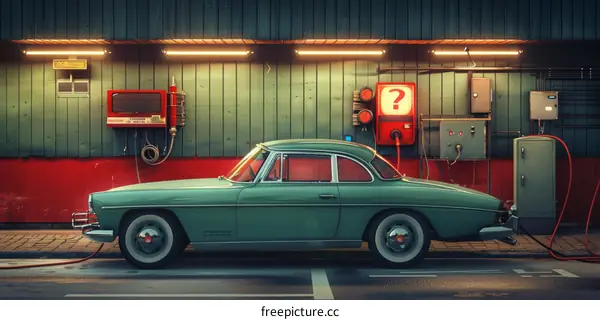 Retro Green Electric Car at a Charging Station
