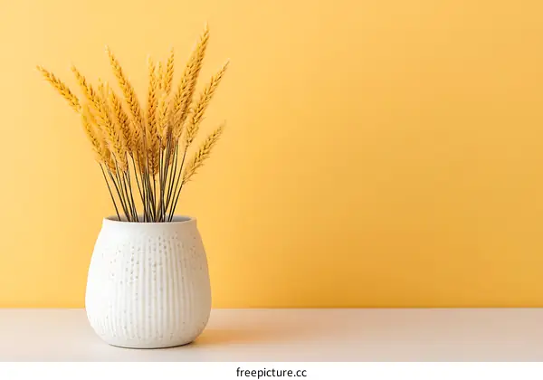 Dried Wheat in a White Vase on Yellow Background