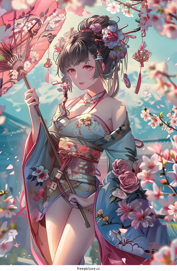Anime Girl in Traditional Japanese Kimono with Umbrella and Flowers
