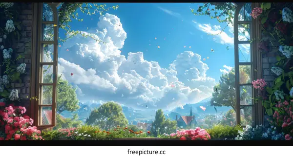 A beautiful landscape with flowers, garden, village, mountains, and clouds