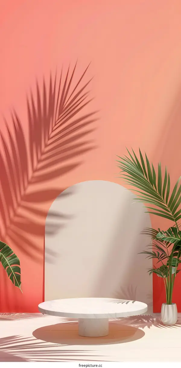 Minimalist Summer Mockup with Palm Leaf Shadow and White Pedestal