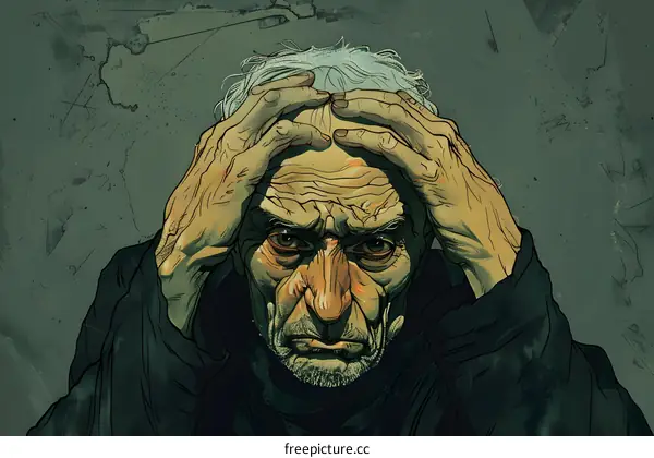 Portrait of an old man with hands on head