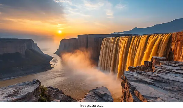 Sunrise Over a Majestic Waterfall in a Canyon