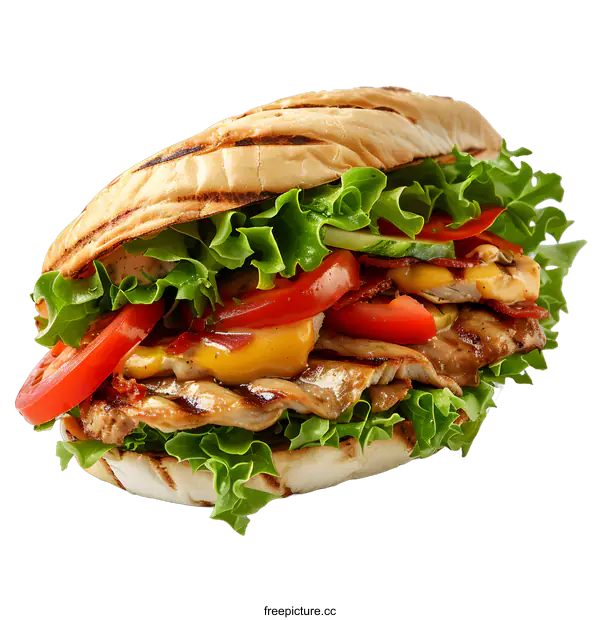 [Transparent Background PNG]Grilled chicken sandwich with lettuce, tomato, cucumber, and cheese