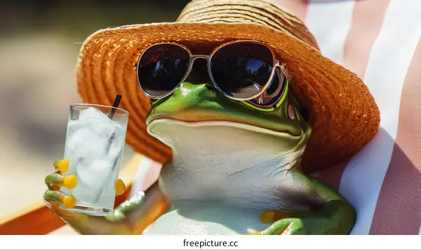Frog Wearing Sunglasses and a Hat Relaxing with a Drink