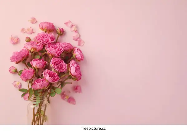Pink Roses in a Glass Jar on a Pink Background