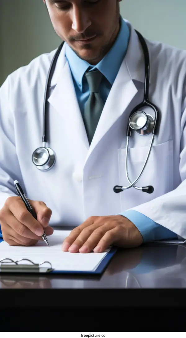 A doctor in a white coat is writing on a clipboard