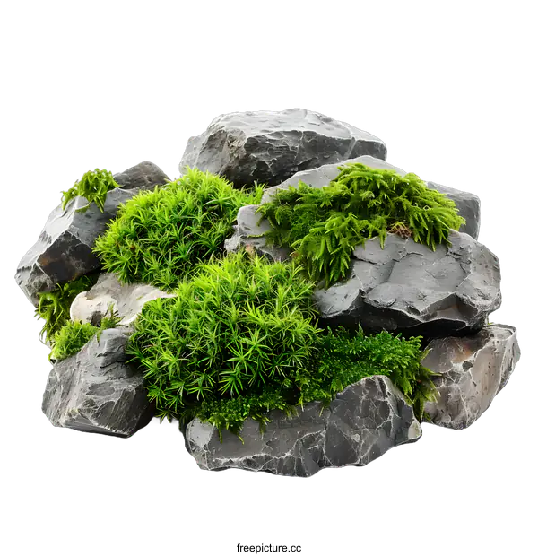 [Transparent Background PNG]Green Moss On Grey Rocks Isolated On White Background