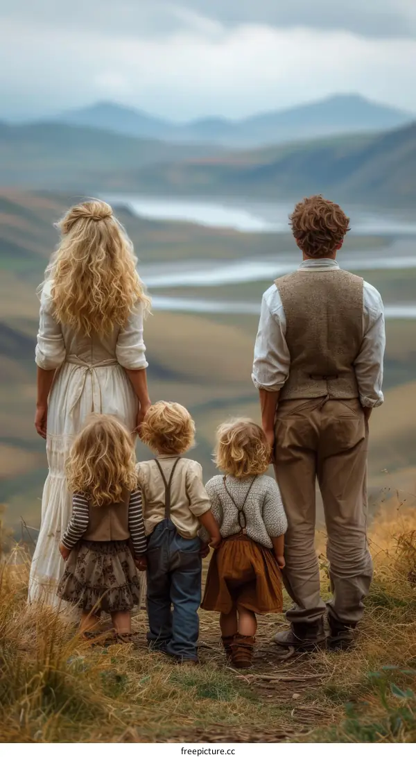 Family of five looking out at a vast landscape