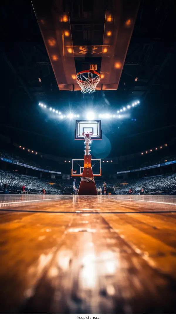 Basketball court with a basketball hoop and bright lights
