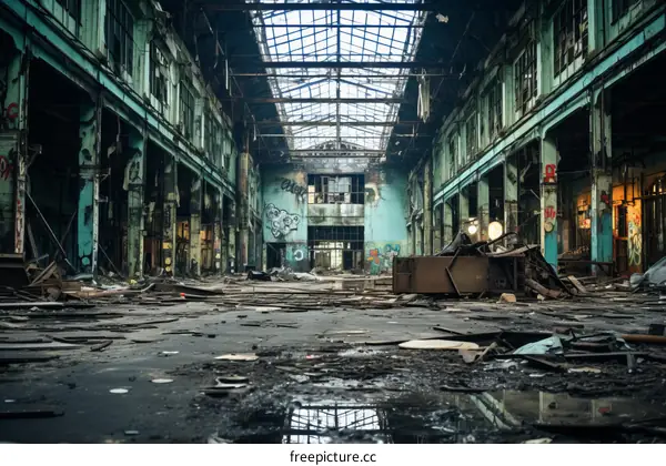 Abandoned graffitied factory building with broken windows