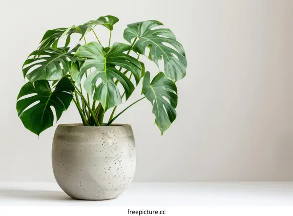 A lush Monstera deliciosa plant in a stylish concrete planter