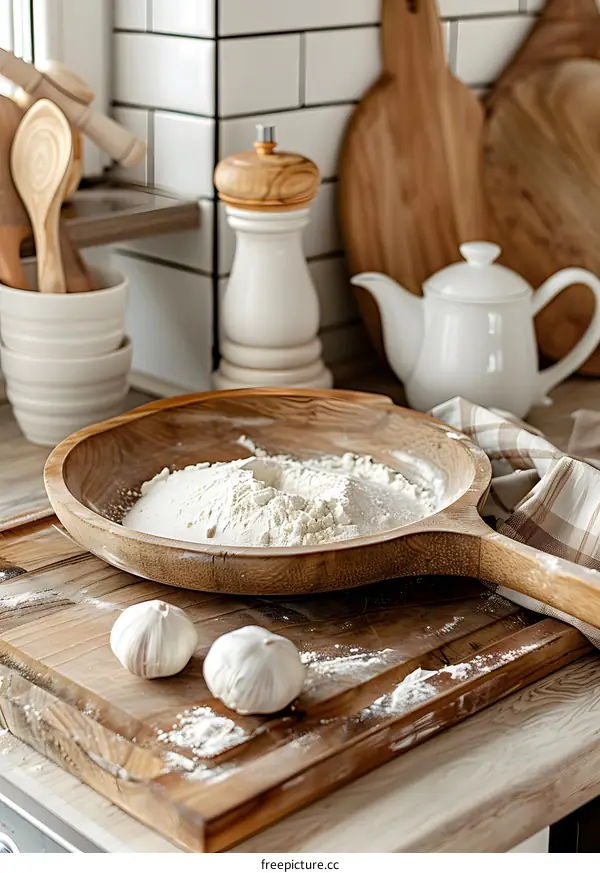 Wooden Bowl Of Flour And Garlic On A Cutting Board In A Kitchen