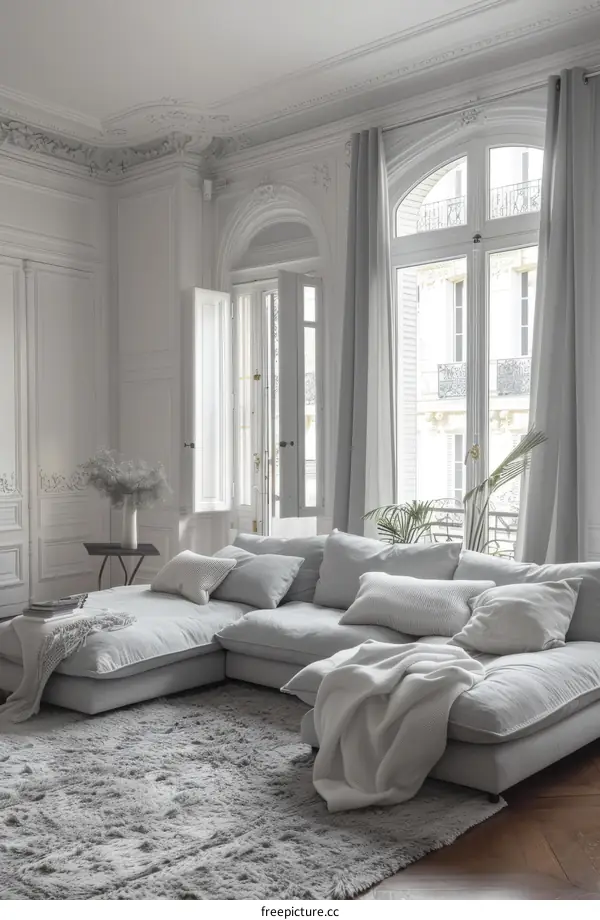 Bright airy living room with large windows and a comfy couch