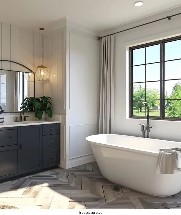 Modern Bathroom with Freestanding Tub and Herringbone Floor