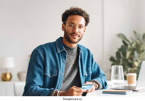 Young Man Holding Credit Card in Modern Office