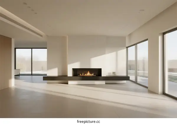 Modern minimalist living room with fireplace and large windows
