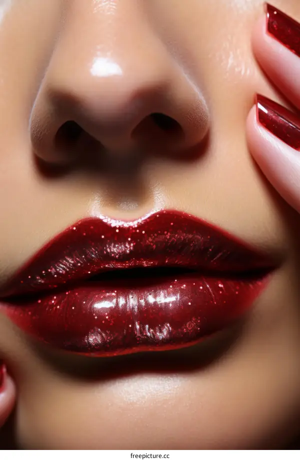 Close up of woman's lips with red glitter lipstick and matching red nail polish