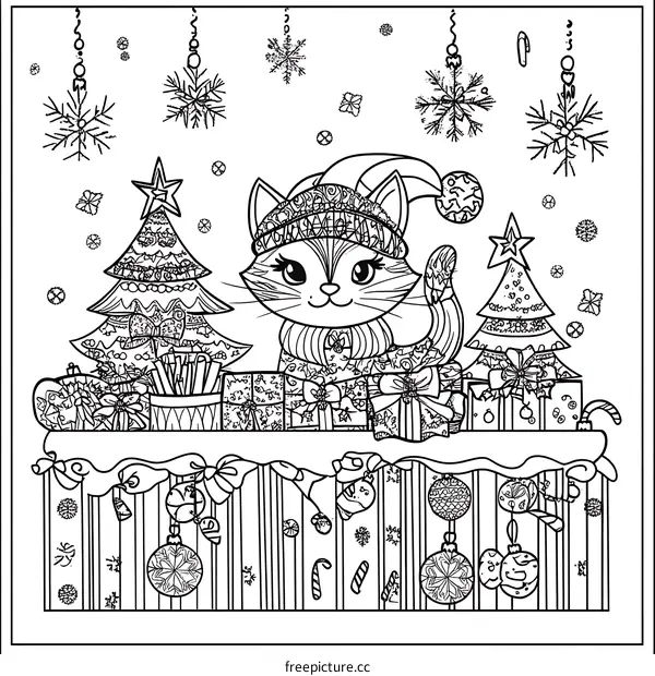 Cute Cat Christmas Coloring Page
