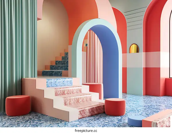 Modern Minimalist Interior Design With Pink And Blue Arches And A Staircase