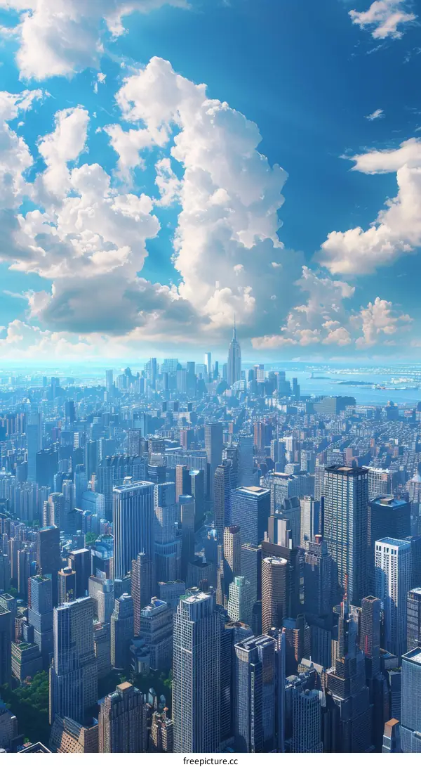 New York City Skyline with Blue Skies and Clouds