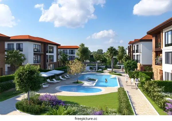 Luxury Resort Swimming Pool and Buildings with People