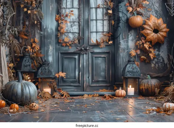 Spooky Halloween Doorway with Pumpkins and Lanterns