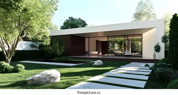 Modern House with Stone Path and Green Grass