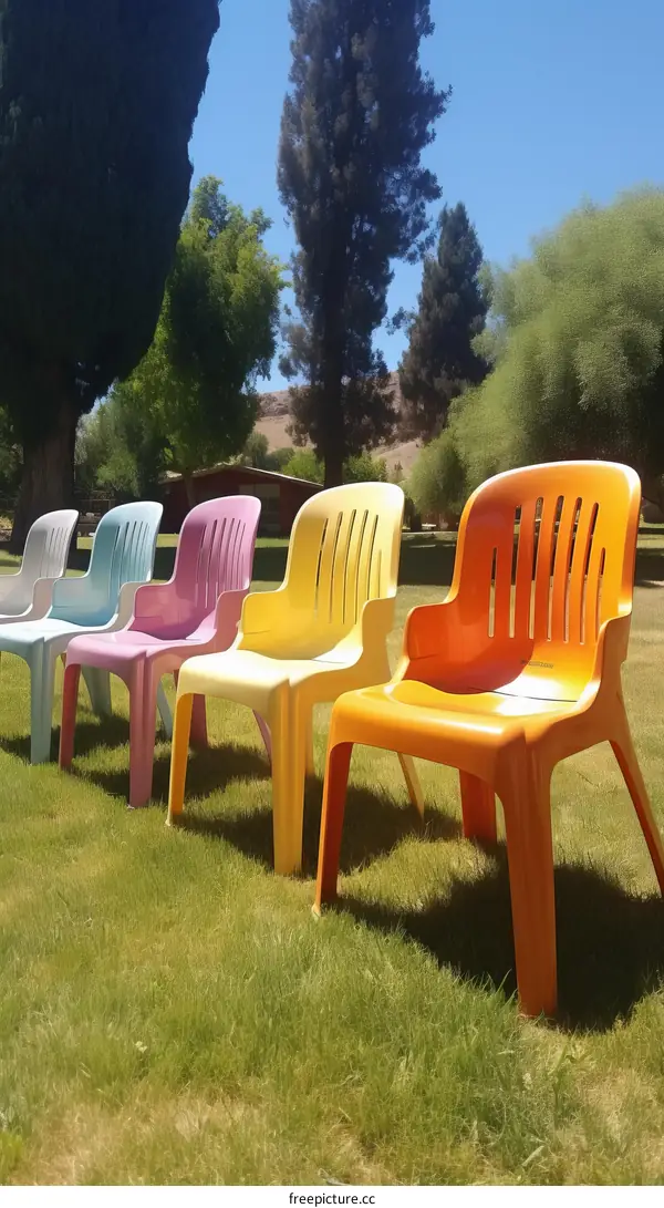 Multicolored Plastic Chairs in a Row on a Green Lawn