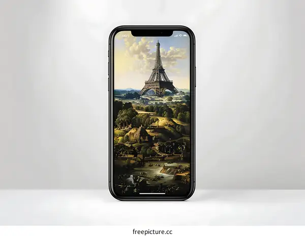 Eiffel Tower on a Landscape Painting in a Phone