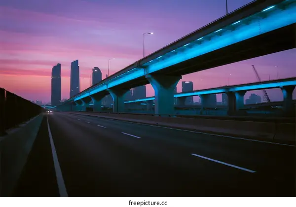 Vibrant city highway at dusk with illuminated bridges and skyscrapers