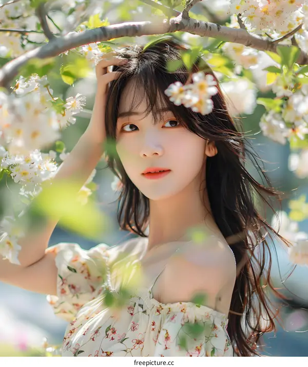 Beautiful Asian Woman in Flowery Dress Posing in Spring