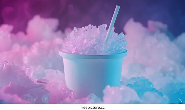 White Cup with Ice and Straw in Blue and Purple Light