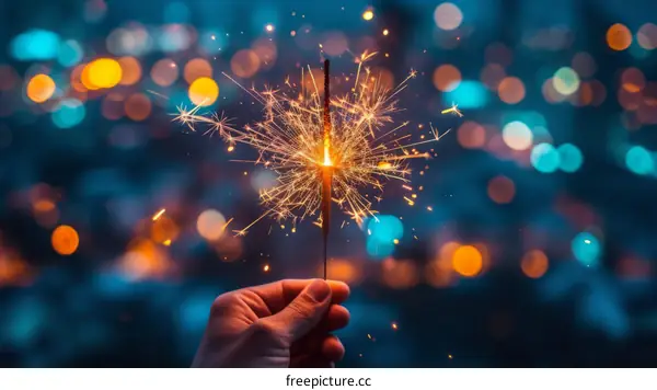 Hand holding a sparkling firework on a blurred background of city lights at night