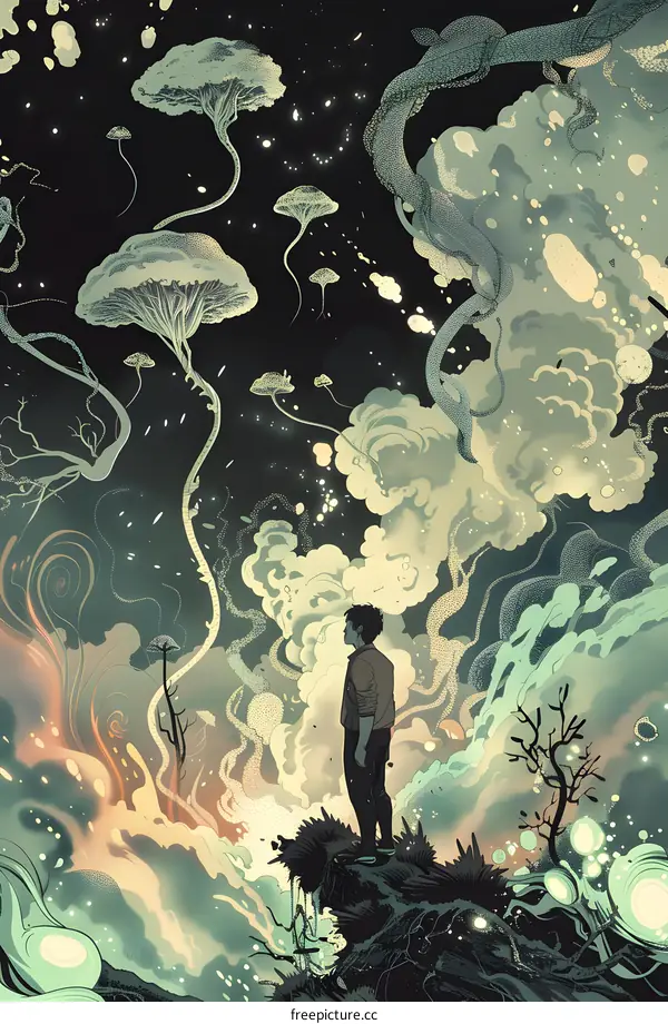 Surreal Landscape With Man Looking Up At Strange Trees