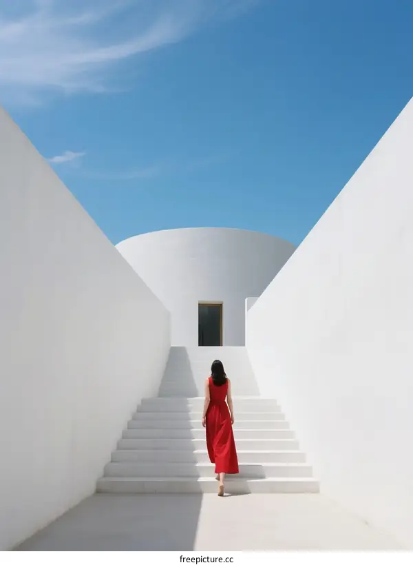 A woman in red dress walking up white stairs under clear blue sky