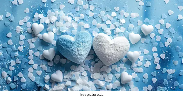 Vibrant Blue and White Heart Confetti Scattered on Blue