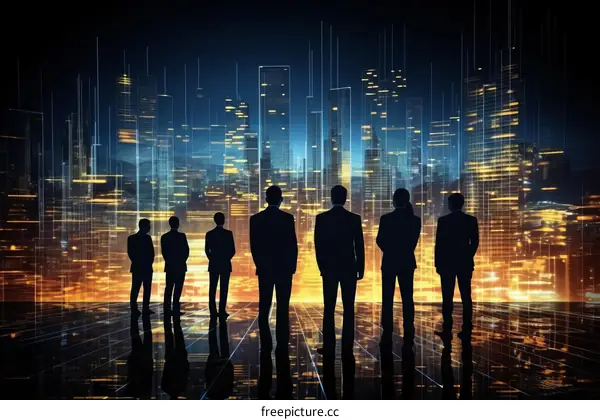 Business professionals looking at a futuristic cityscape