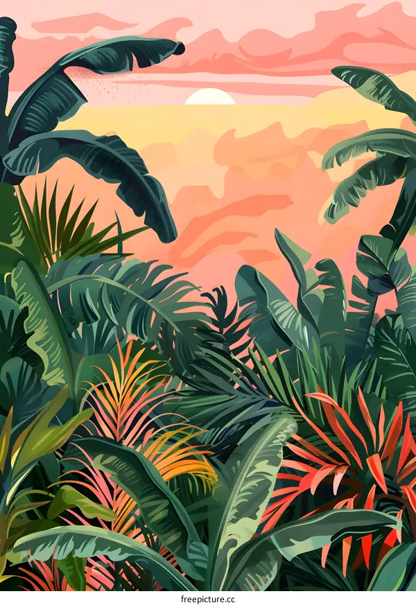 Tropical Sunset Background With Lush Foliage