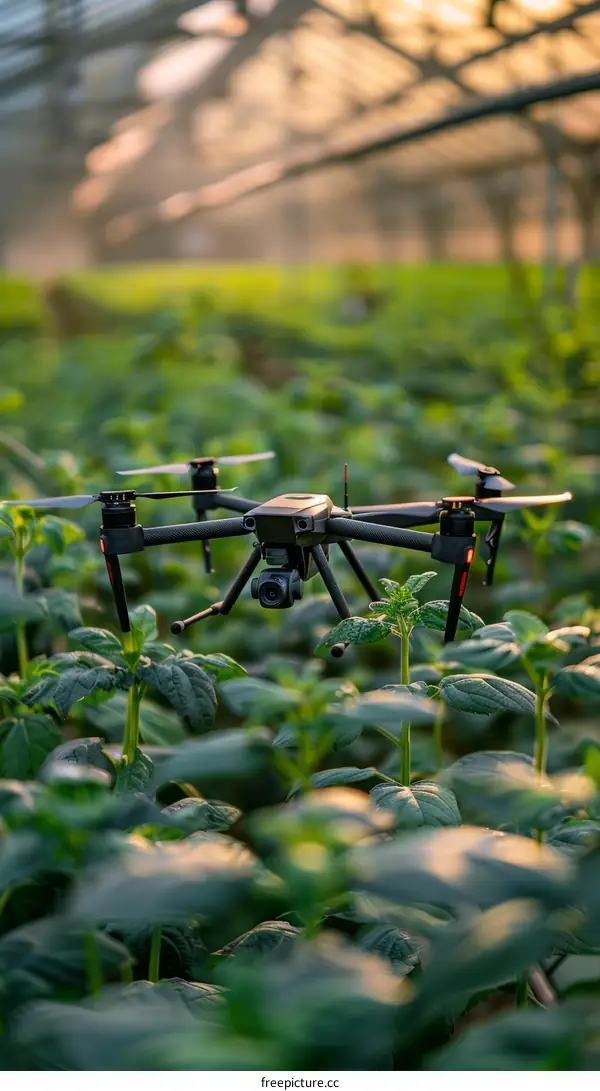 An aerial view of a drone flying over agricultural fields