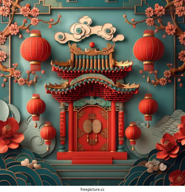 Chinese Architecture Illustration with Lanterns