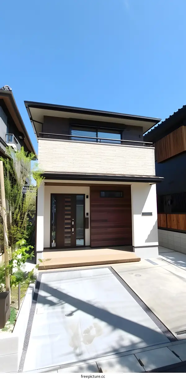 Modern Japanese House With Wooden Accents And A Concrete Patio