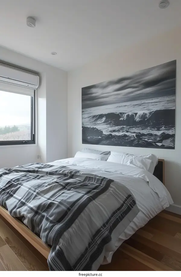 Black and White Ocean Waves on Bedroom Interior