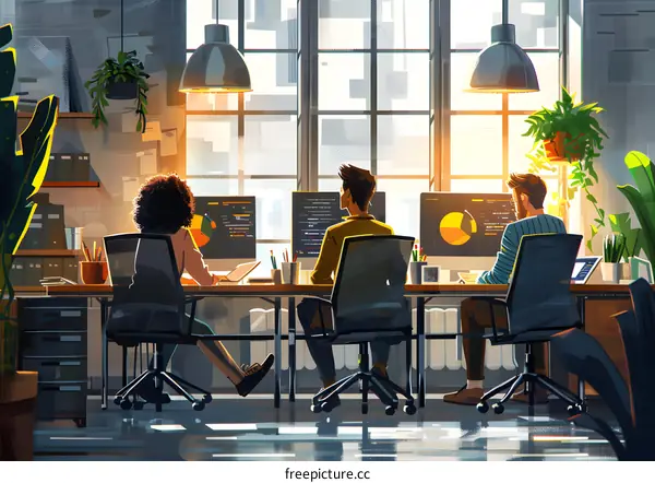 Three people working in an office