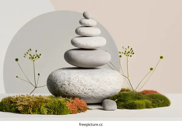 Stack of Stones on Moss with Greenery