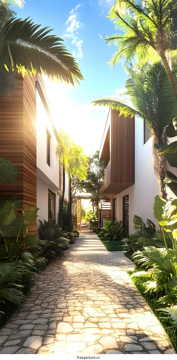 Tropical Courtyard Pathway With Sun