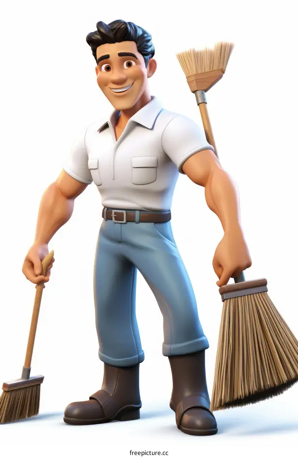 Cartoon image of a smiling man holding two brooms